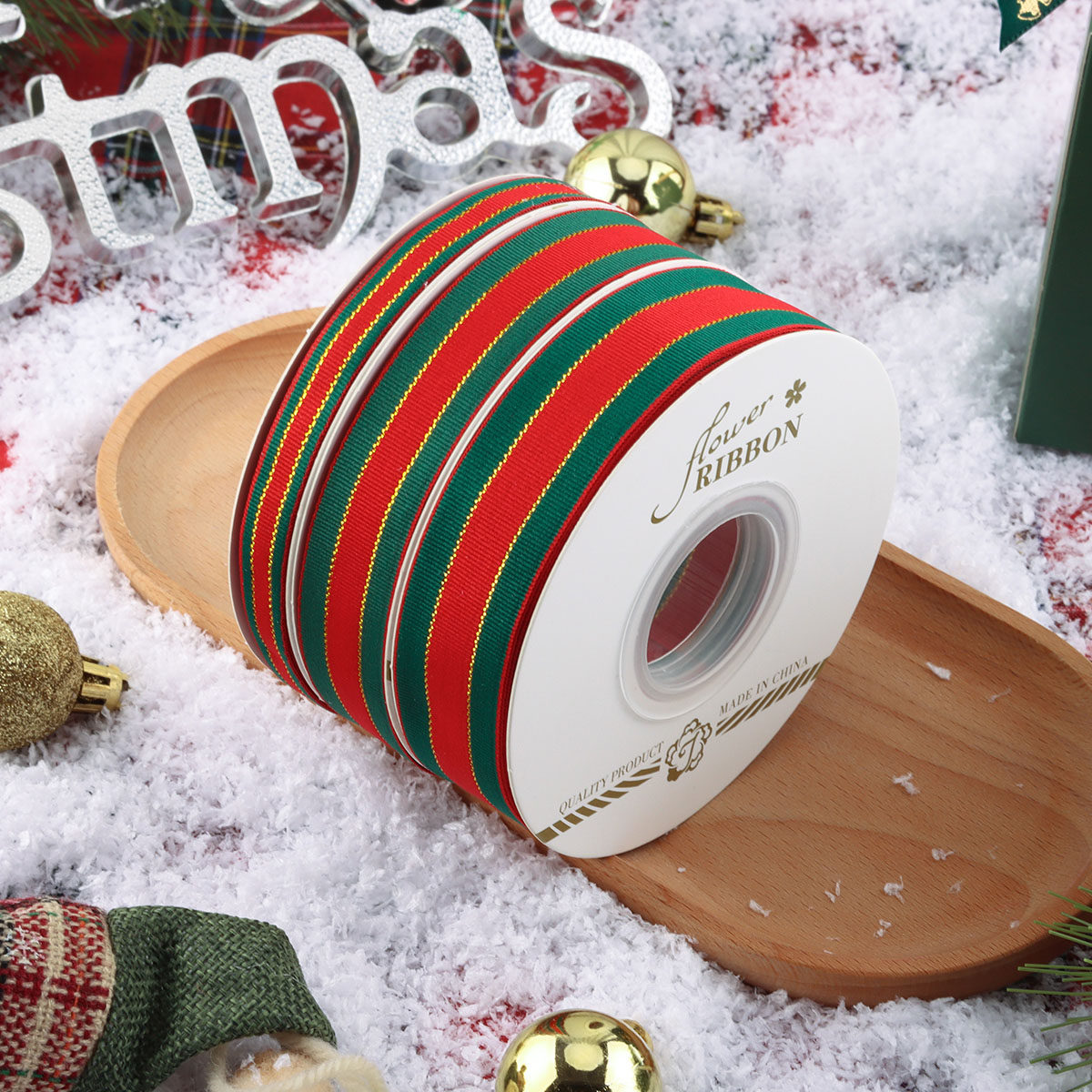 圣诞节礼品盒包装金丝带红绿条纹绿色红绿彩带礼物礼盒平安夜装饰