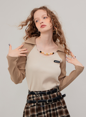 ziziFei秋冬美式复古插肩袖poloU领链条针织打底衫上衣长袖T恤女