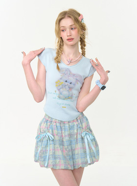 ziziFei夏季美式修身显瘦短款上衣兔子印花v领baby蓝色短袖t恤女