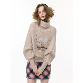 秋冬设计感高领蝙蝠袖 ziziFei 猫狗诗集 印花杏色慵懒风毛衣女