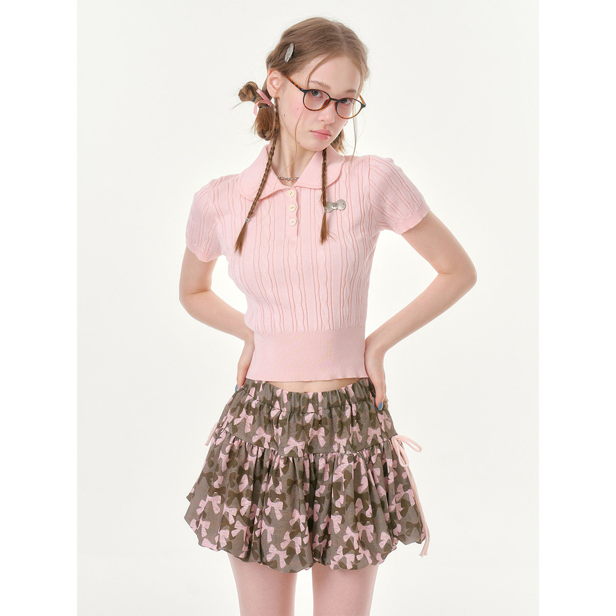 ziziFei''清甜麻花''夏季娃娃领少女学院感短款粉色针织短袖t恤女