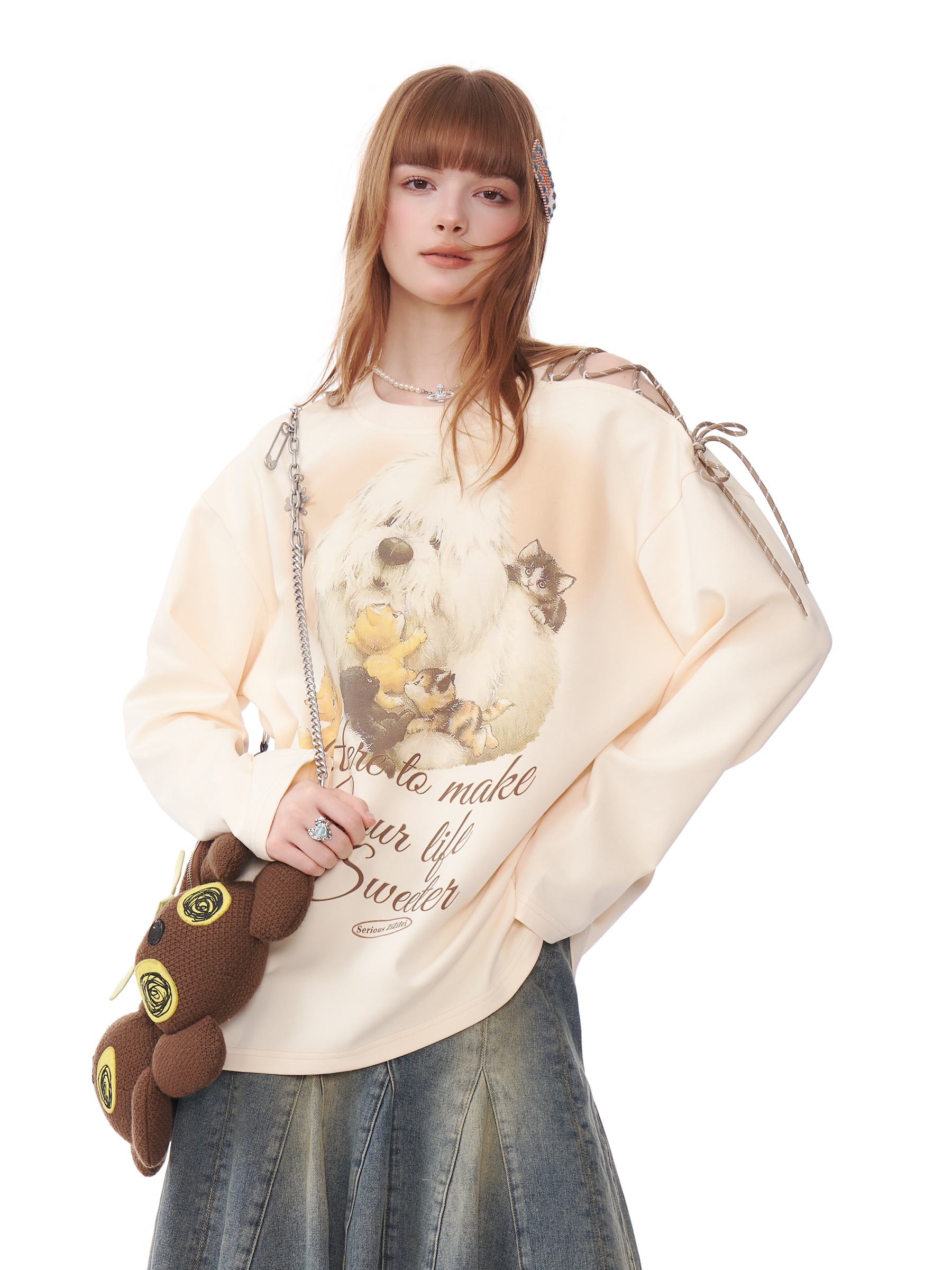 美式复古狗狗露肩上衣