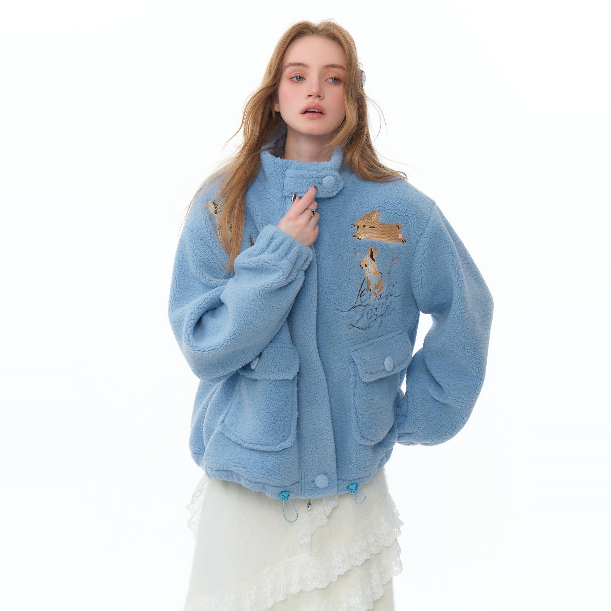 ziziFei秋冬美式设计感加厚加绒蓝色兔子刺绣温柔软糯毛毛外套女