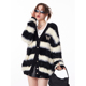 ziziFei秋冬季 毛毛衣外套女 设计感黑白条纹软糯厚实慵懒针织开衫