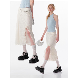 半身裙女 高腰显瘦设计感荷叶边蕾丝开叉中长款 ziziFei夏新款 美式