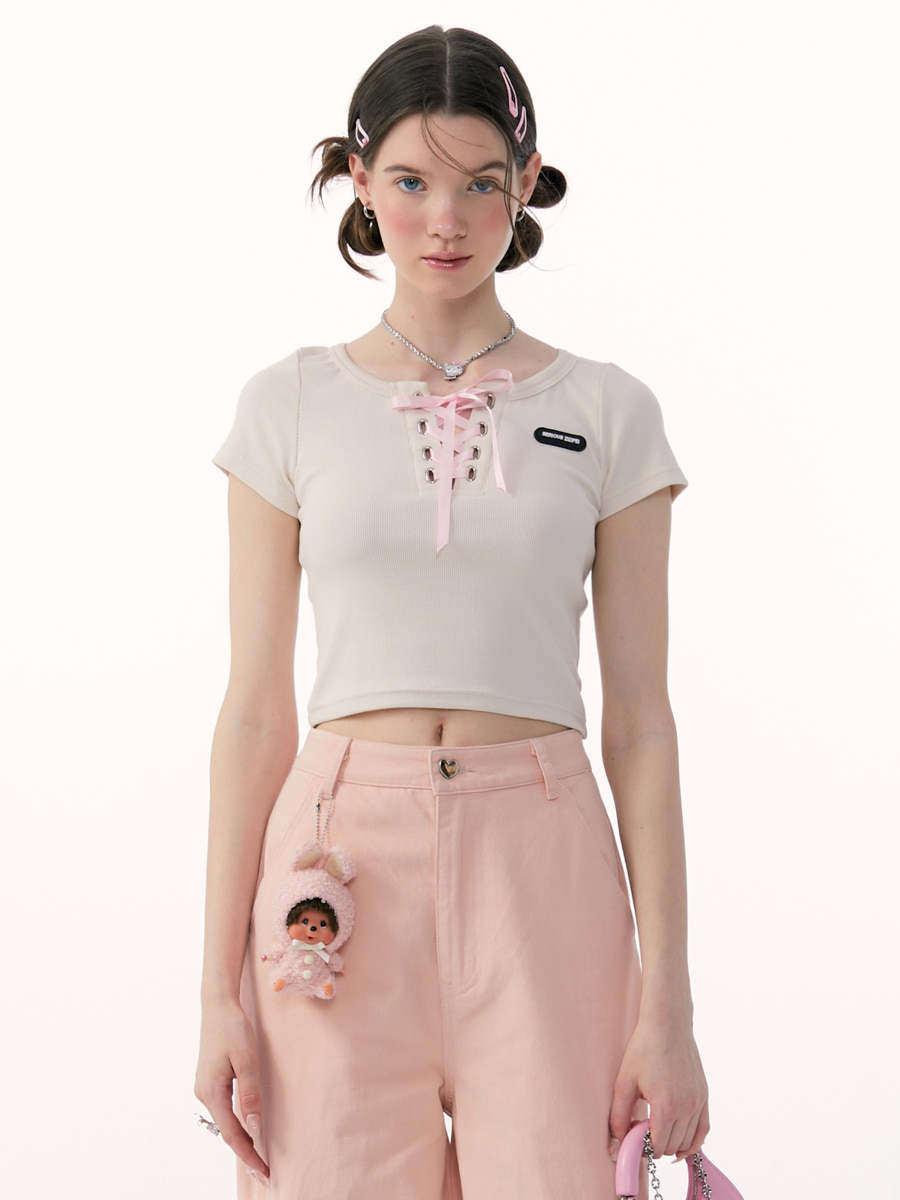 ziziFei春夏季美式复古蝴蝶结绑带半袖芭蕾风设计感上衣短袖T恤女,女装/女士精品,T恤,淘宝优惠券,粉丝福利购,淘宝优惠卷