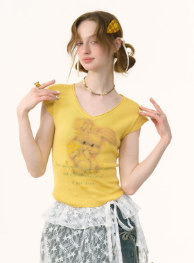 ziziFei夏季美式复古修身显瘦短款上衣兔子印花v领黄色短袖t恤女