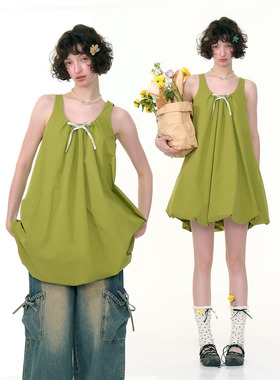 ziziFei夏季新款美式复古设计感蝴蝶结绿色花苞无袖兜兜连衣裙女