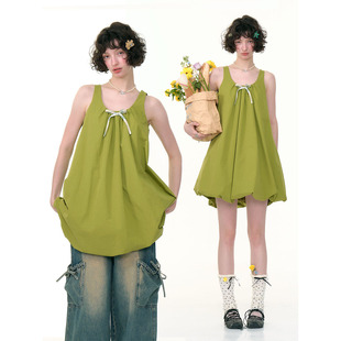 复古设计感蝴蝶结绿色花苞无袖 美式 兜兜连衣裙女 新款 ziziFei夏季