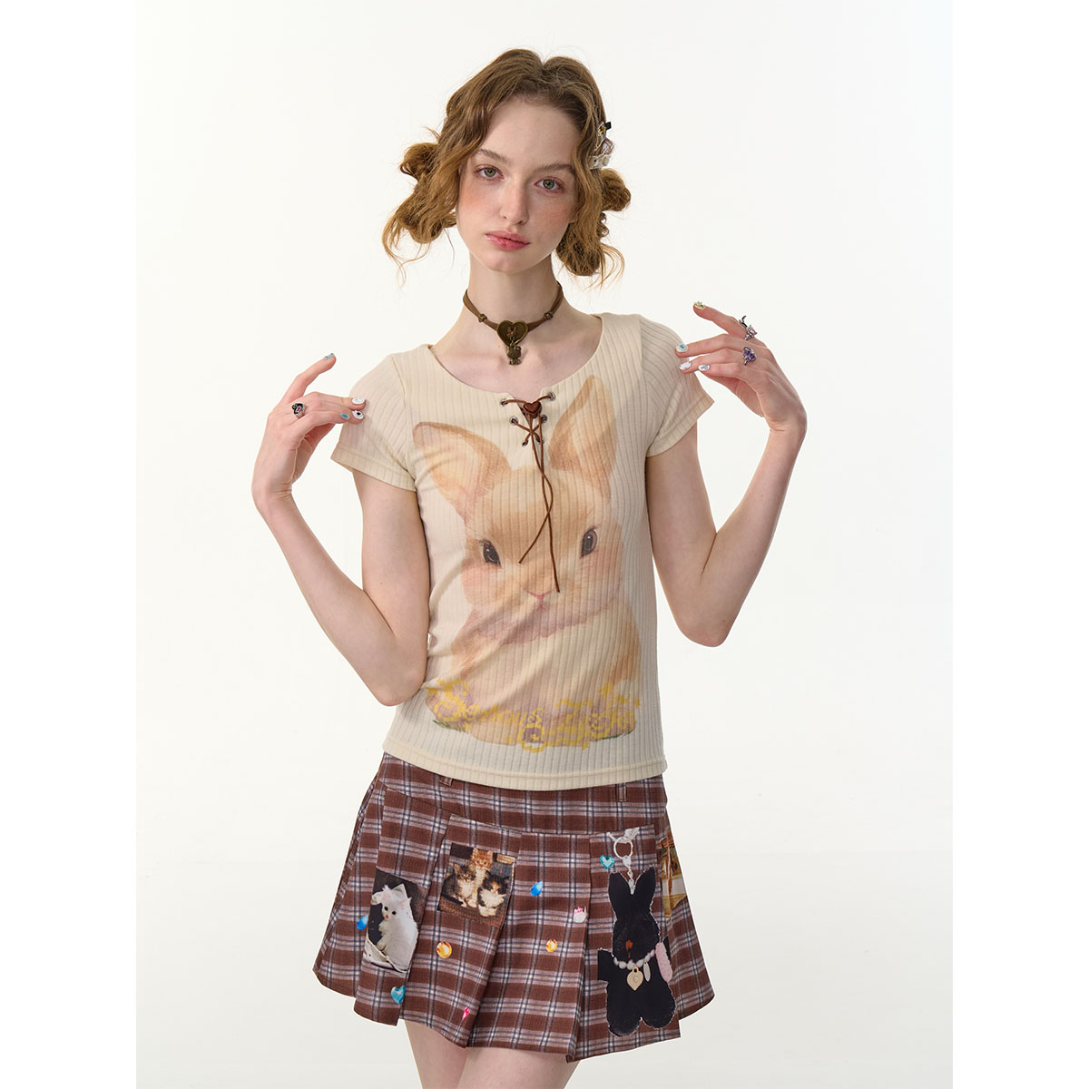 ziziFei夏新款美式复古设计感兔子印花修身显瘦上衣绑带短袖t恤女