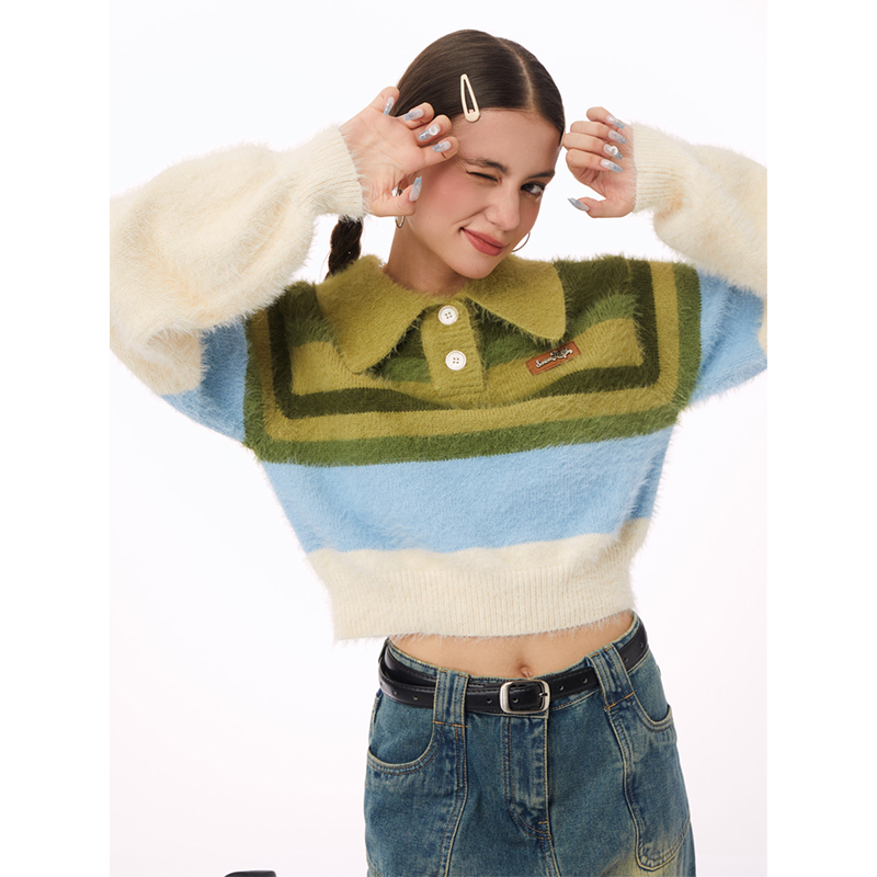 ziziFei秋冬季短款高级感美式复古慵懒风polo领撞色条纹毛衣女
