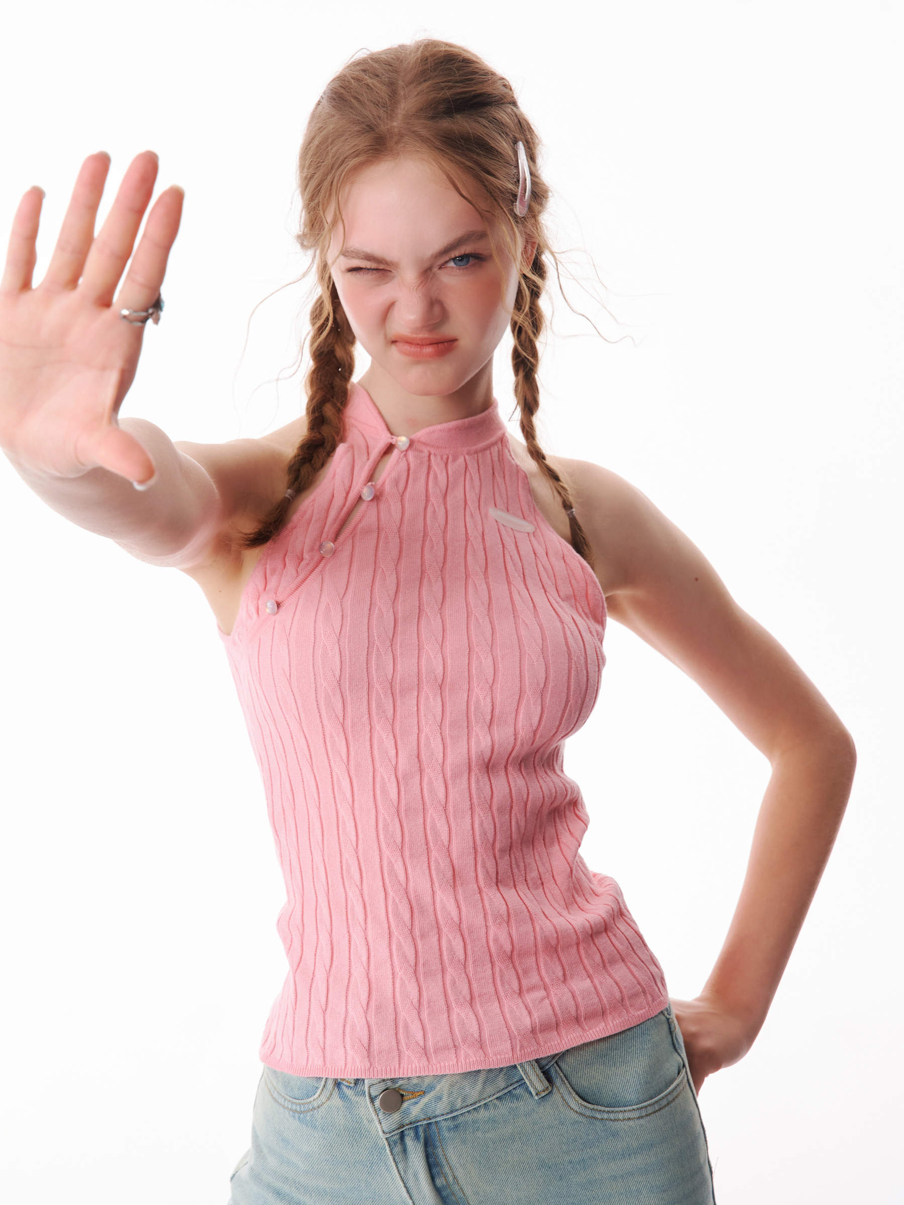 ziziFei夏美式设计感无袖斜门襟短款新中式挂脖针织背心女