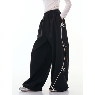 ziziFei设计感高腰显瘦蝴蝶结阔腿直筒新款 女 黑色运动休闲卫裤