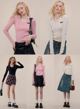 ziziFei秋冬季美式复古poloU领长袖上衣修身显瘦新款针织打底衫女