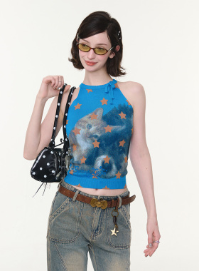 ziziFei''甜猫捕星''夏季蝴蝶结星星猫咪印花显瘦蓝色针织背心女