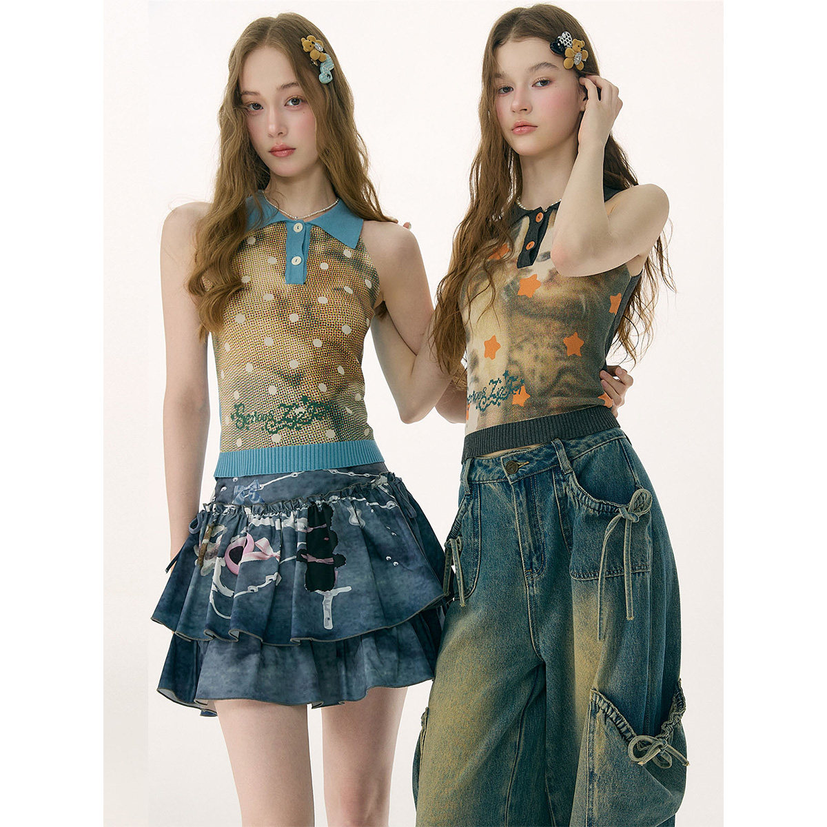 ziziFei''星落猫兔''夏雾霾蓝兔子印花波点polo领上衣针织背心女