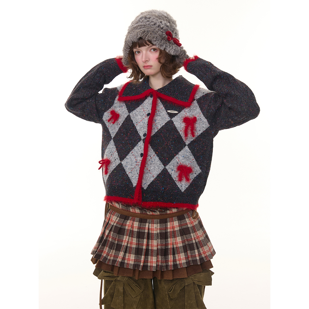 ziziFei秋冬复古学院感蝴蝶结菱格黑红撞色娃娃领毛衣开衫外套女