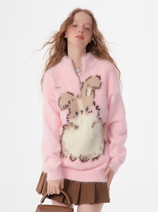 复古半高领半拉链粉色毛绒兔子图案加厚毛衣女 ziziFei秋冬季 美式