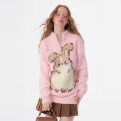 ziziFei秋冬季 复古半高领半拉链粉色毛绒兔子图案加厚毛衣女 美式