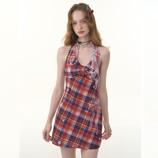 连衣裙女 设计感红蓝格纹印花收腰显瘦挂脖无袖 ziziFei夏新款 美式