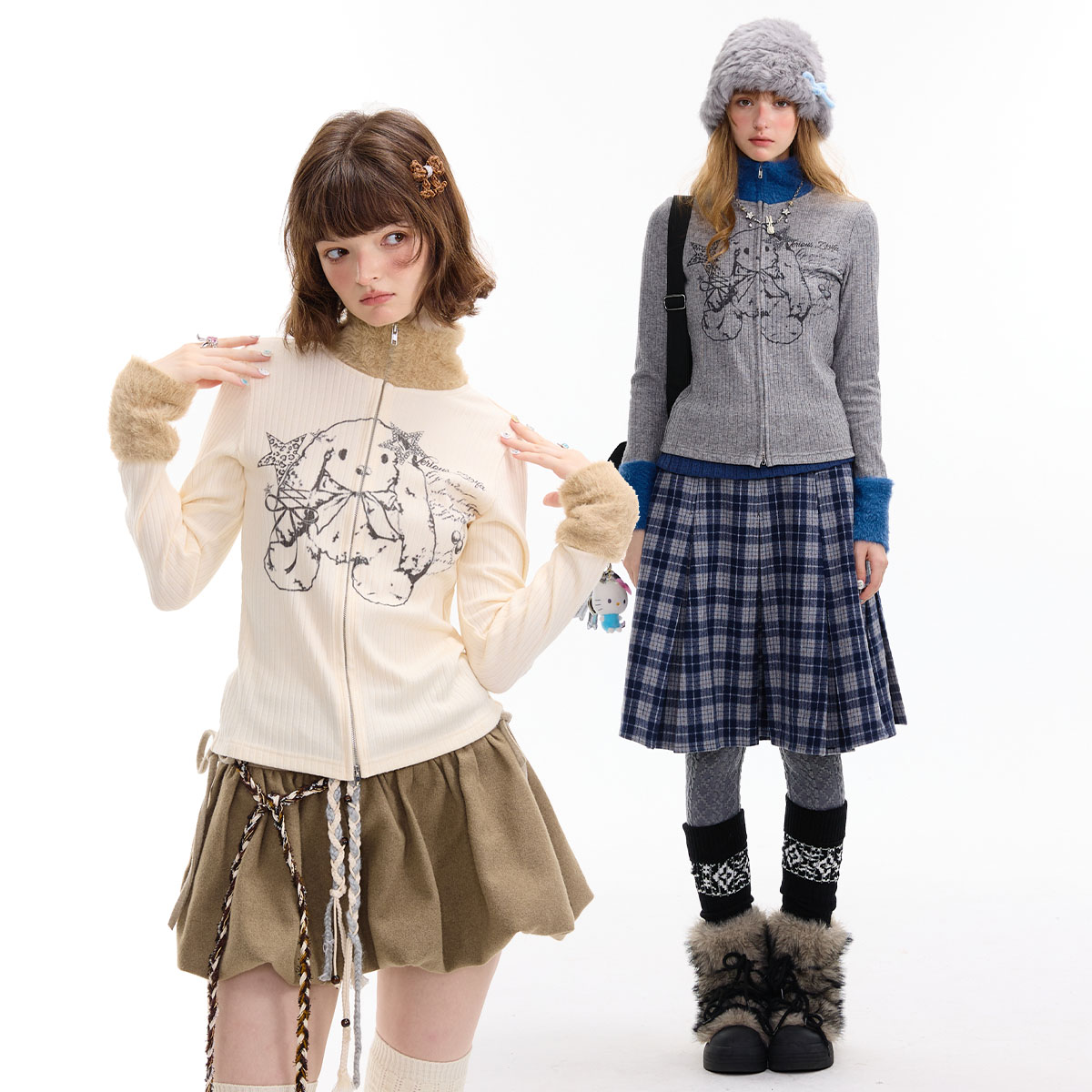 ziziFei秋冬美式拼接毛领拉链兔子印花高领内搭上衣针织打底衫女