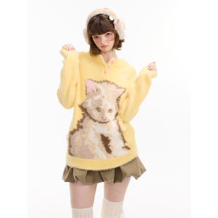 ziziFei秋冬季新款美式复古设计感黄色猫咪印花软糯慵懒风毛衣女