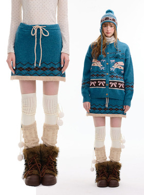 ziziFei秋冬季复古设计感费尔岛高腰显瘦a字蓝绿色针织半身短裙女