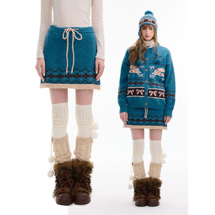 ziziFei秋冬季复古设计感费尔岛高腰显瘦a字蓝绿色针织半身短裙女