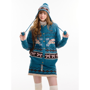ziziFei秋冬季 外套女 复古设计感费尔岛兔子蝴蝶结蓝绿色毛衣开衫