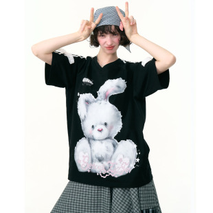 t恤女 复古设计感蕾丝蝴蝶结兔子印花v领黑色短袖 ziziFei夏季 美式