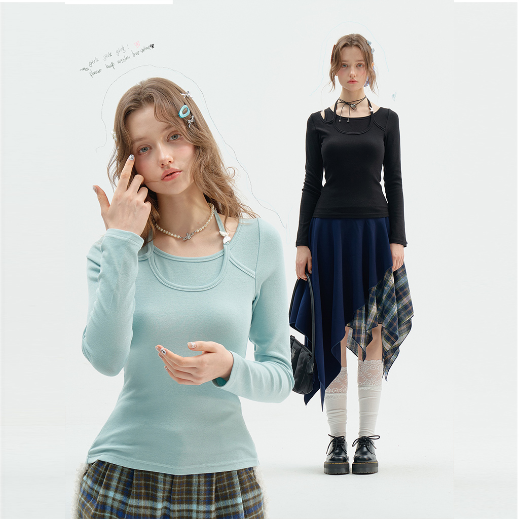 ziziFei秋冬美式复古设计感假两件拼接挂脖修身显瘦针织打底衫女