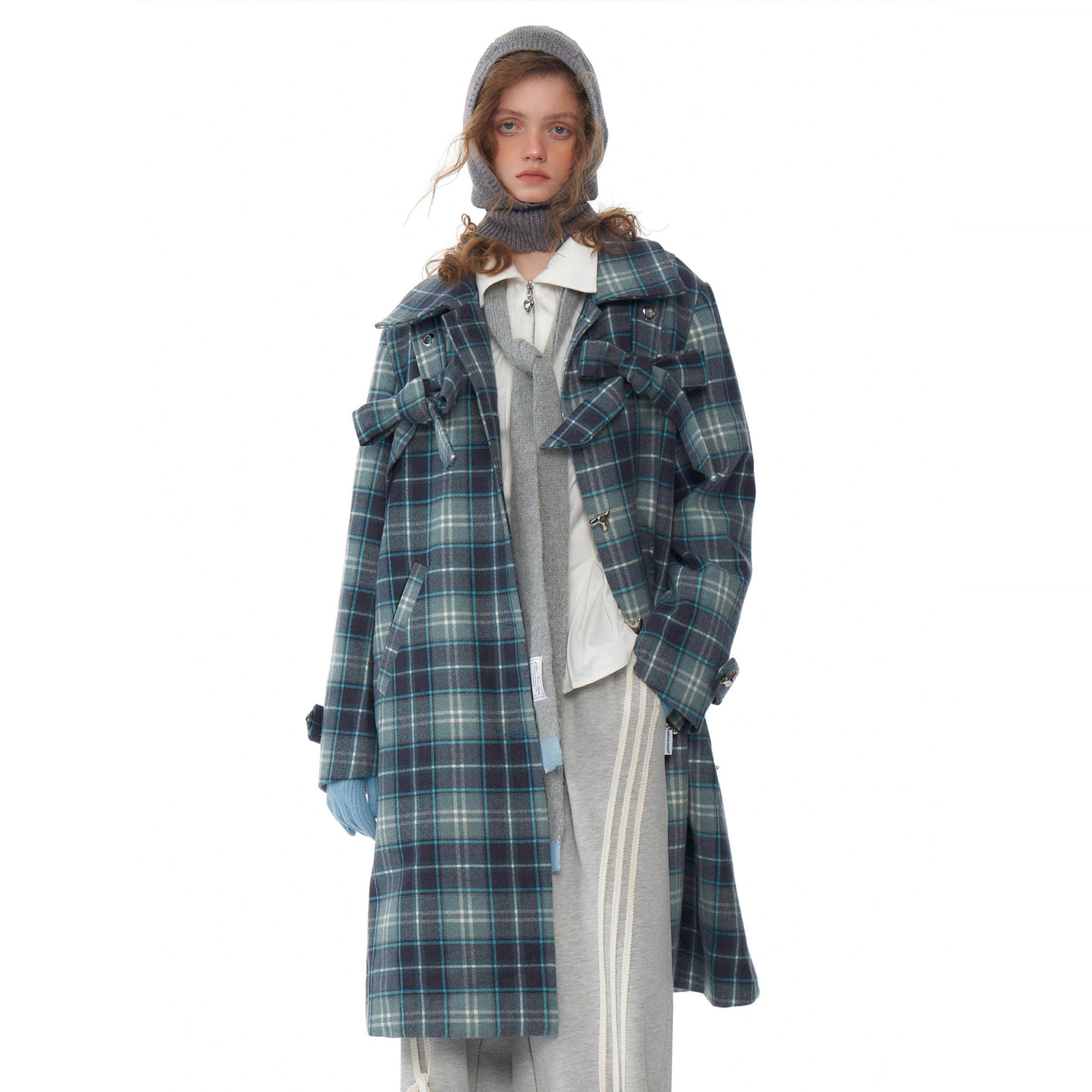 ziziFei秋冬季美式复古高级感中长款蝴蝶结蓝格子呢子大衣外套女,女装/女士精品,毛呢外套,淘宝优惠券,粉丝福利购,淘宝优惠卷