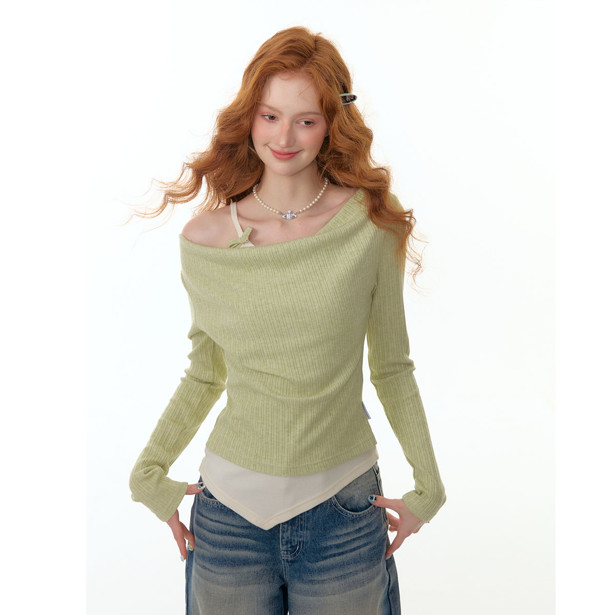 ziziFei秋冬新款美式设计感荡领假两件修身显瘦上衣长袖针织t恤女