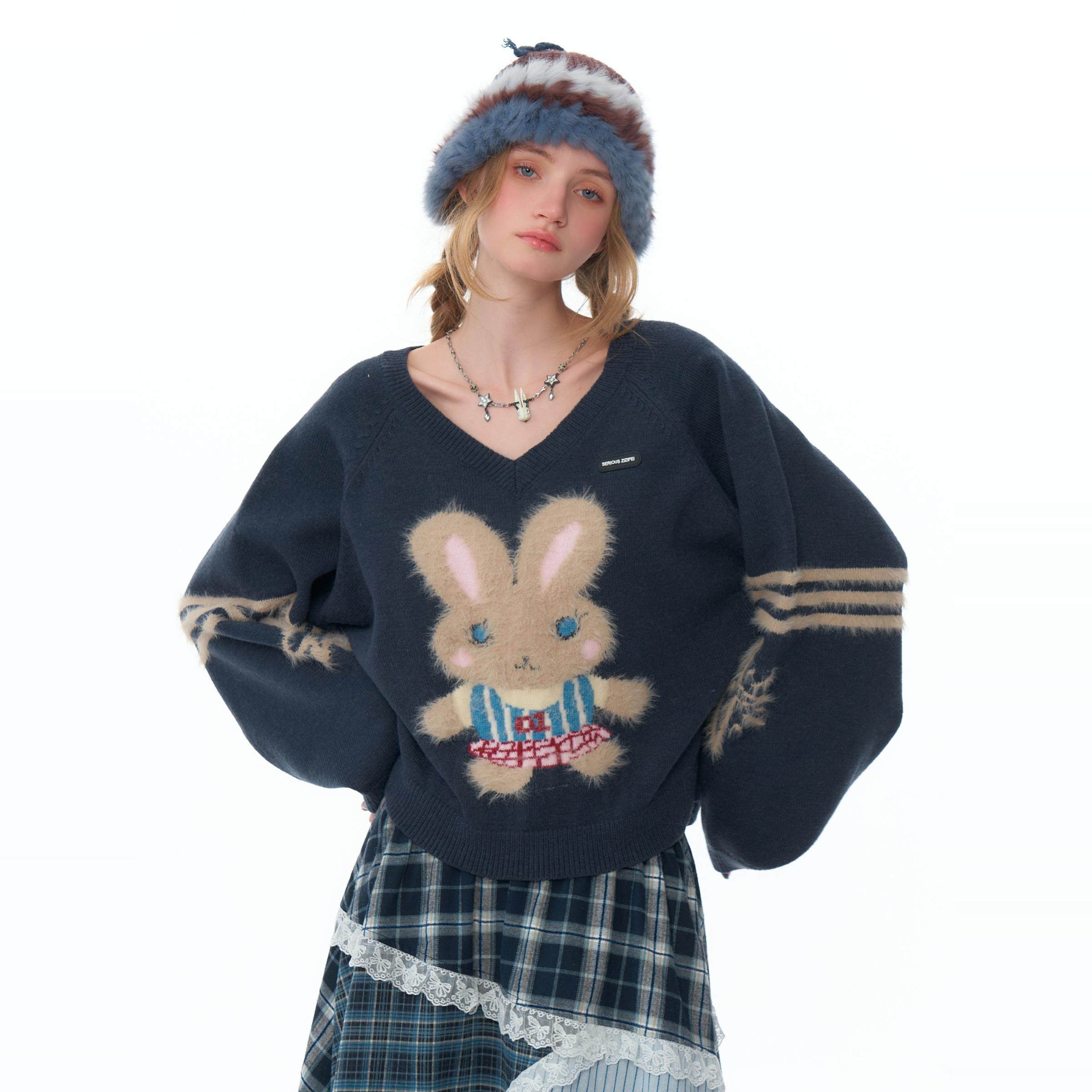 ziziFei秋冬新款美式复古设计感毛绒兔子V领软糯厚实深灰色毛衣女,女装/女士精品,毛衣,淘宝优惠券,粉丝福利购,淘宝优惠卷