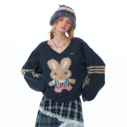 ziziFei秋冬新款美式复古设计感毛绒兔子V领软糯厚实深灰色毛衣女