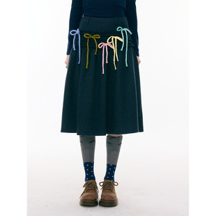 ziziFei''学院日记簿''木耳边多色蝴蝶结高腰显瘦中长款半身裙女