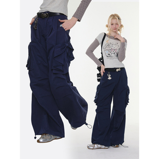 裤 高腰直筒阔腿深蓝色休闲机能工装 女 系住少女蝶结 ziziFei