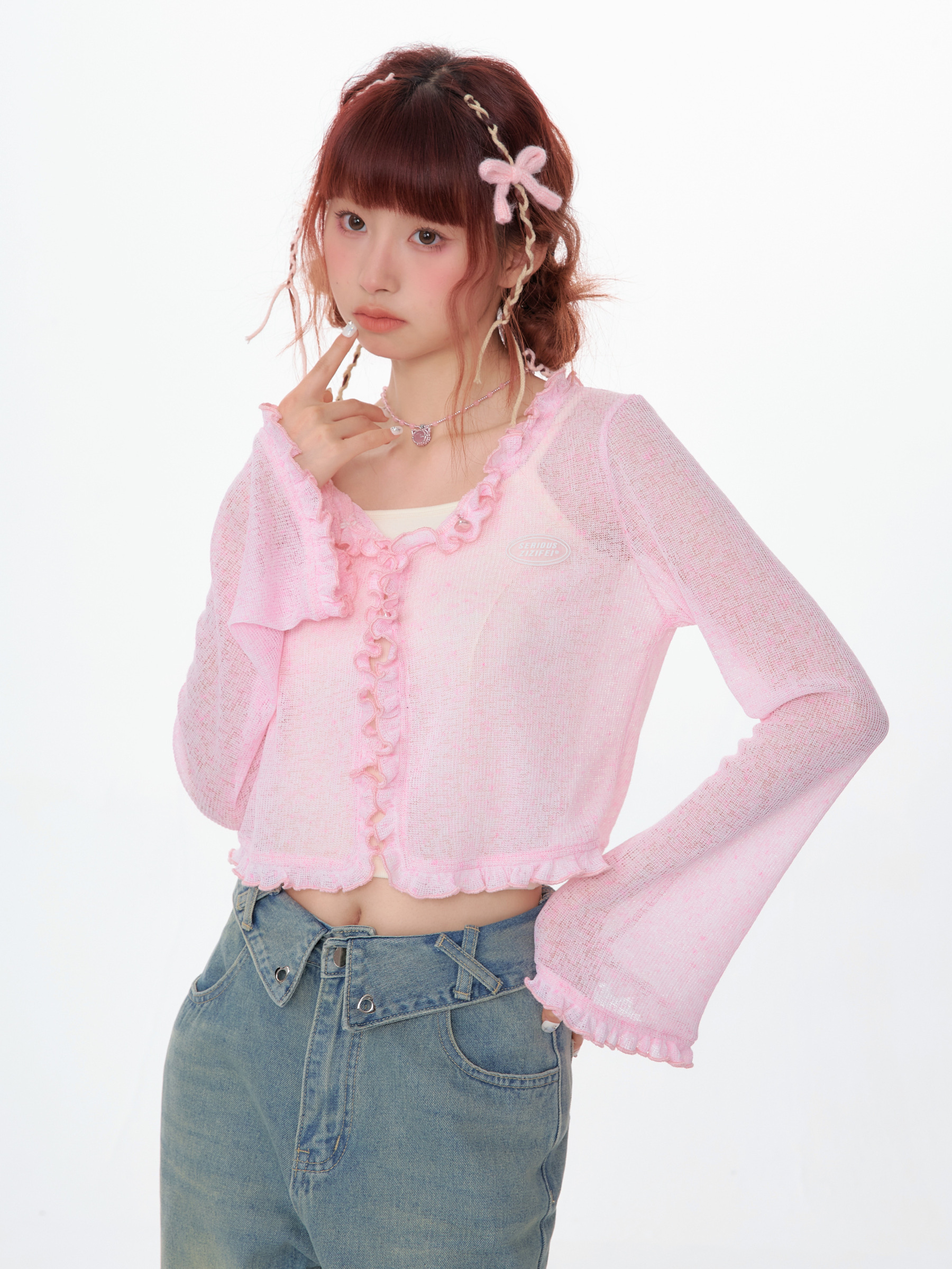 美式复古三色花边上衣