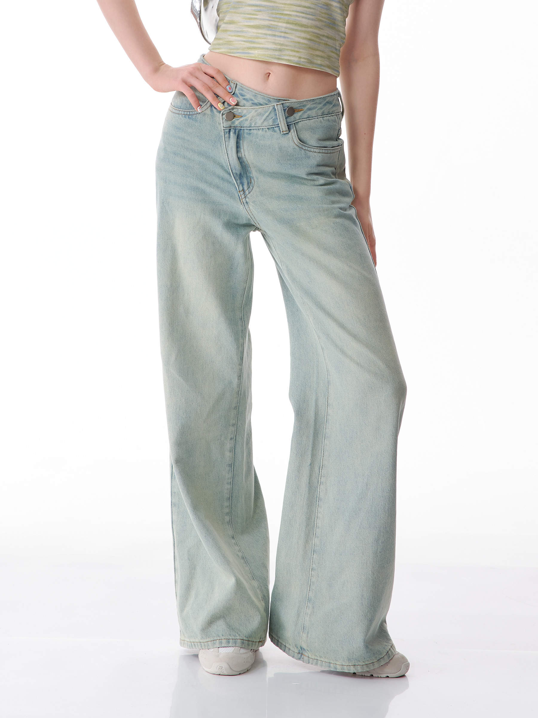 ziziFei新款夏季薄款美式复古斜腰头显瘦微喇直筒阔腿牛仔裤女