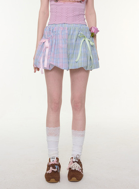 ziziFei''彩虹糖方格''夏设计感蝴蝶结多色格纹拼接兜兜半身裙女
