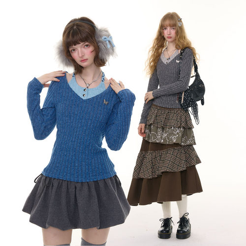 ziziFei秋冬美式设计感修身显瘦上衣麻花挂脖长袖T恤针织打底衫女