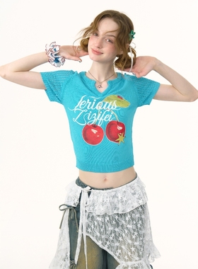 ziziFfei夏季美式复古镂空短款上衣蓝色樱桃印花v领针织短袖t恤女