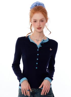 ziziFei秋冬季设计感假两件上衣撞色修身显瘦深蓝色针织打底衫女