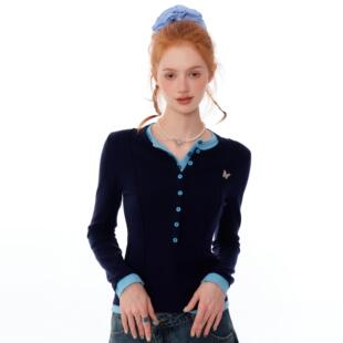 女 显瘦深蓝色针织打底衫 ziziFei秋冬季 设计感假两件上衣撞色修身