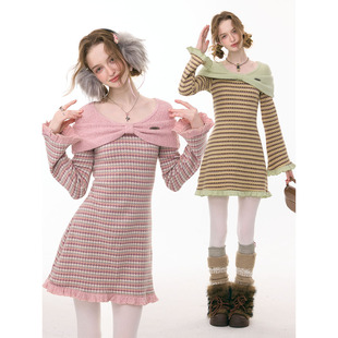 ziziFei''日序甜梦''秋冬新款拼接蝴蝶结格纹针织荷叶边连衣裙女