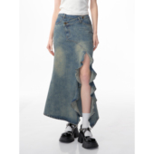 ziziFei春夏季 开叉牛仔鱼尾半身裙女 复古高腰显瘦中长款 新款 美式