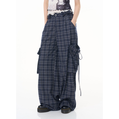ziziFei''云间信''设计感深蓝格纹口袋高腰显瘦阔腿垂感休闲裤女