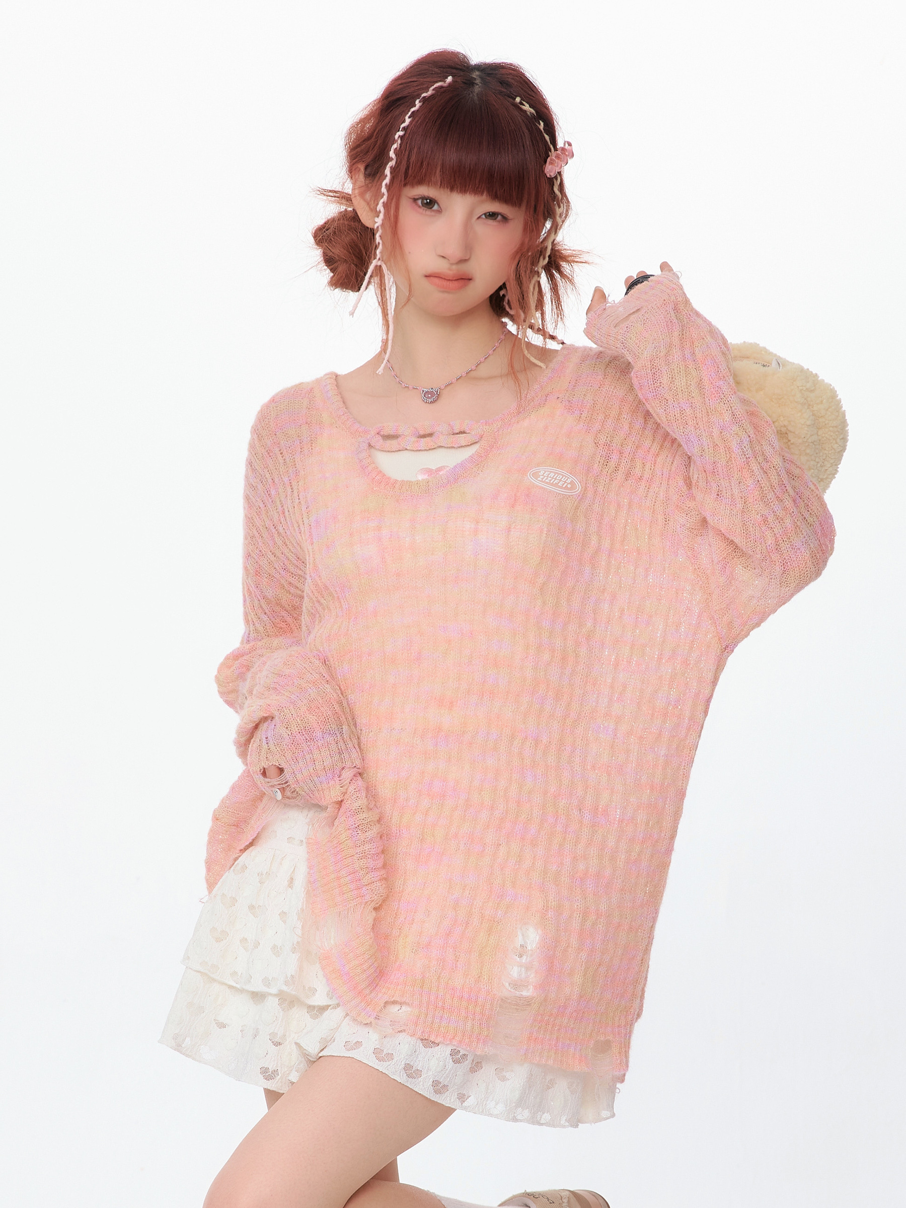 小u领渐变纱线破边复古长袖罩衫