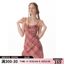 复古格纹收腰修身 新款 显瘦吊带红色格子连衣裙女 美式 ziziFei夏季