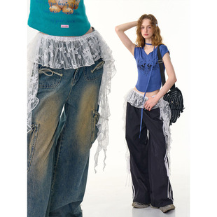 ziziFei新款美式复古设计感白色不规则蕾丝花边一片式叠穿屁帘女